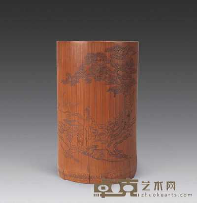 清 竹刻人物笔筒 高16.5cm